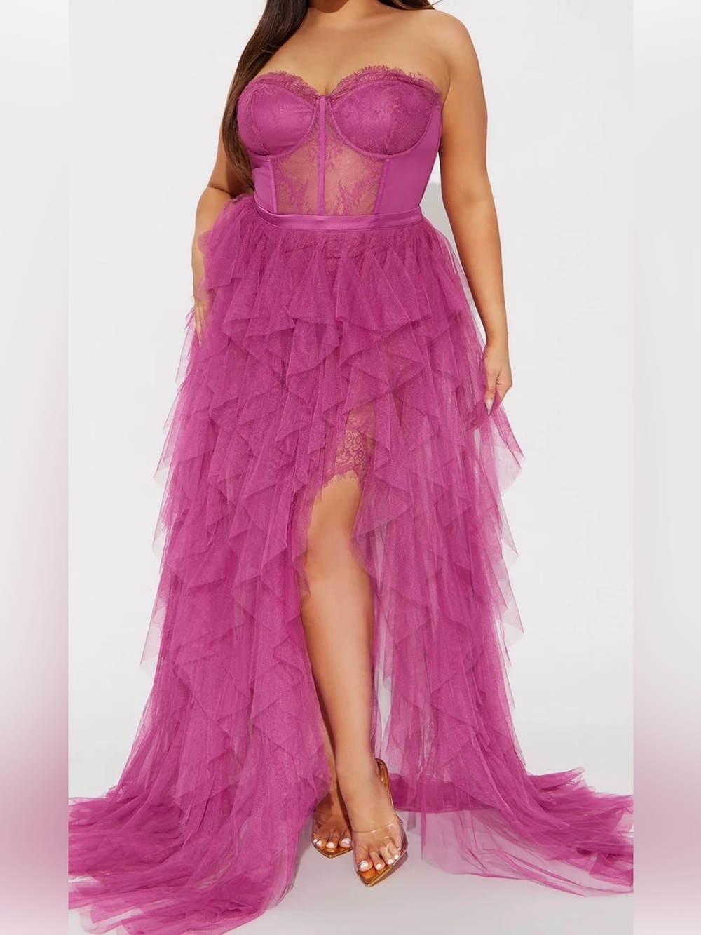 Fashion Nova Dusty Rose Ruffled Tulle Maxi Dress
